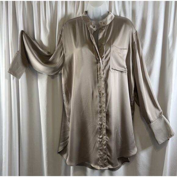 H&M Collarless Oversized Buttoned Down Shirt Taupe L Professional 72-22 - Picture 1 of 16
